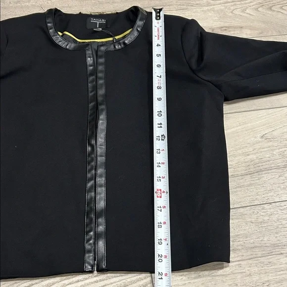 NWT T Tahari Black Collarless Open Front Faux Leather Trim Jacket Blazer M - Picture 7 of 9